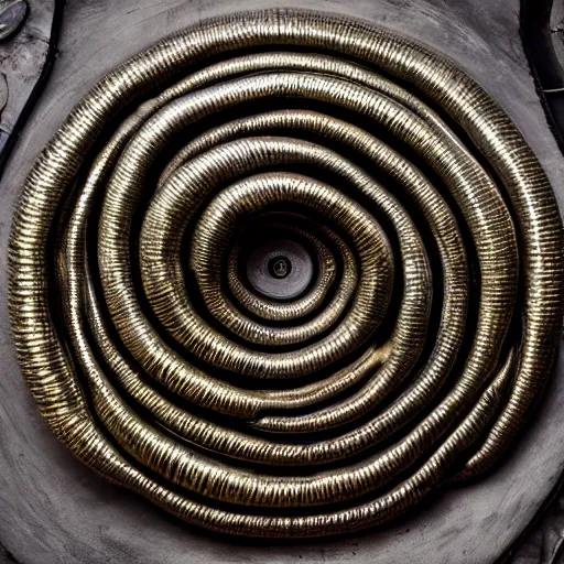 Image similar to infinite giant coiled snake with a metallic skull as the head, room interior, dark fantasy, XF IQ4, f/1.4, ISO 200, 1/160s, 8K, RAW, unedited, symmetrical balance, in-frame