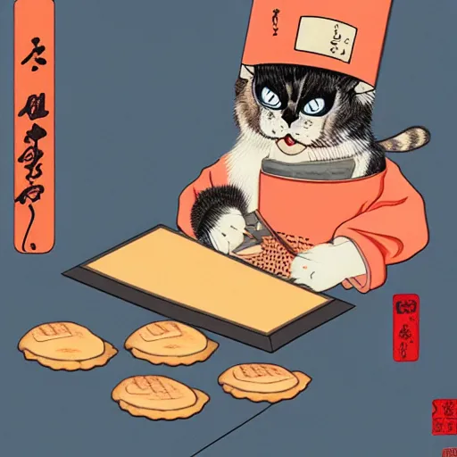 Image similar to a highly detailed illustration of an angry cat with a chef hat baking cookies, done in the style of ukiyo - e, 4 k