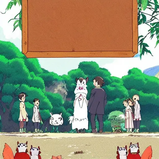 Prompt: STUDIO GHIBLI | an animal wedding at the farm, happy antropomorphic animals wearing wedding suits and robes, extended family, outside, mountain background, by Studio Ghibli, still picture, perfect movie shot, animation masterpiece, composition, framing, happy, hopeful, nostalgic