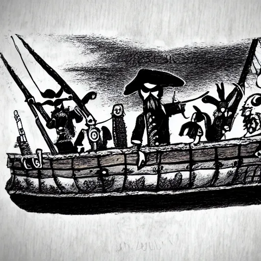 Image similar to a stop motion sheep pirate captain leading a crew of wolves on a pirate ship at sea ultrarealistic trending on art station