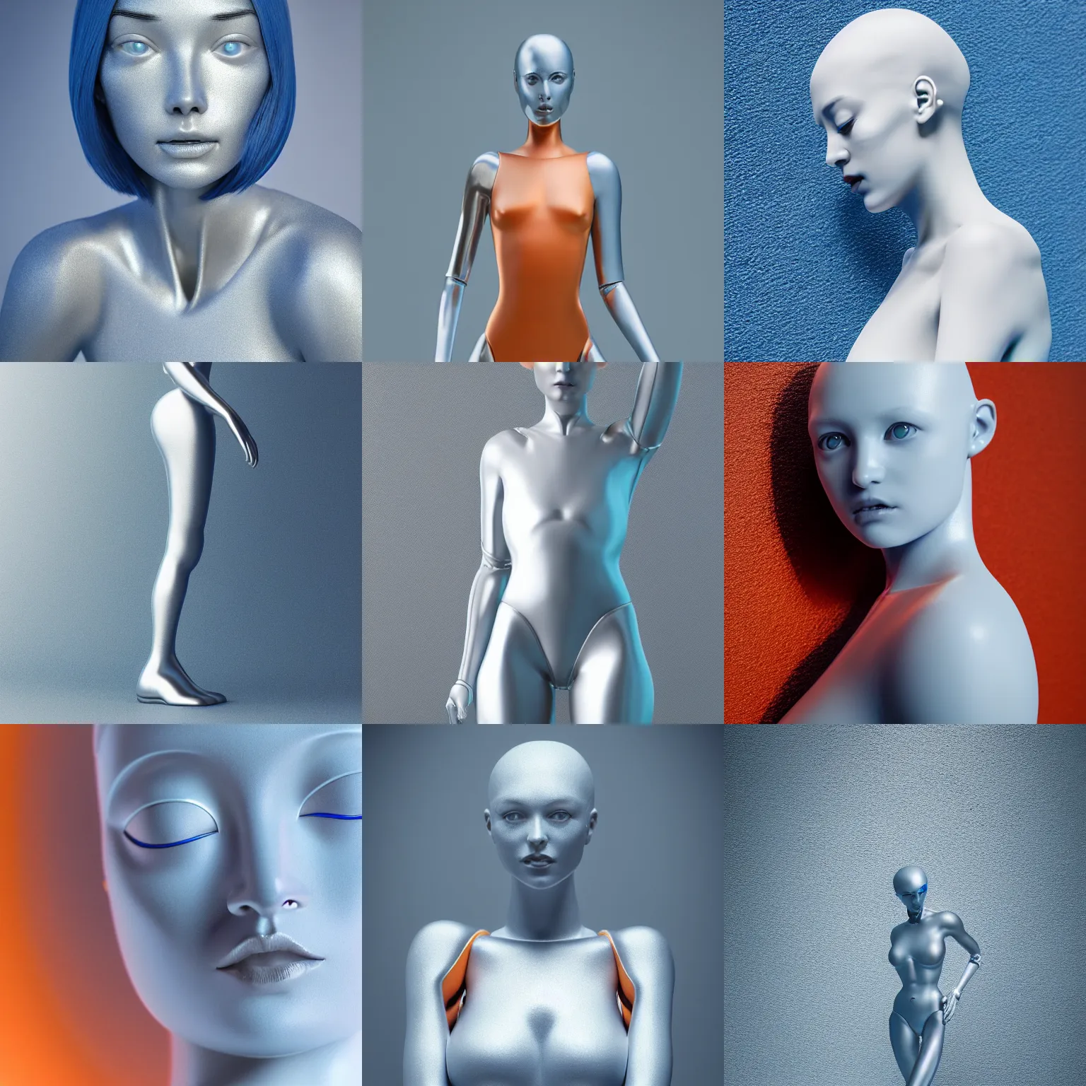 Prompt: perfect humanoid woman, porcelain, aluminium ( desgined by apple ), silver, blue soft details, soft!!, ( ( standing close to an orange metal fence ) ), studio photo, octane render, studio lights, 8 0 mm lens