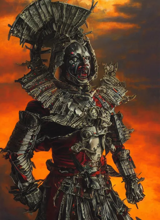 Image similar to portrait of a diabolical cyborg clown samurai armed armor, torn cape, dynamic pose, glowing eyes, ancient ruins, glowing veins subsurface scattering, in clouds, sunset, portrait, by gerald brom, by mikhail vrubel, by peter elson, muted colors, extreme detail, reflections, trending on artstation, 8 k