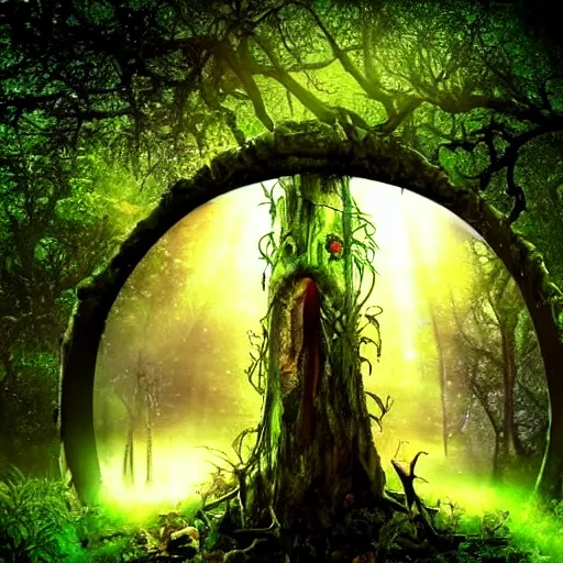 Prompt: horrific, shining portal embedded in a terrifying tree in a densely overgrown jungle, fantasy, dreamlike sunraise, ultra realistic, atmospheric, stopped in time, epic