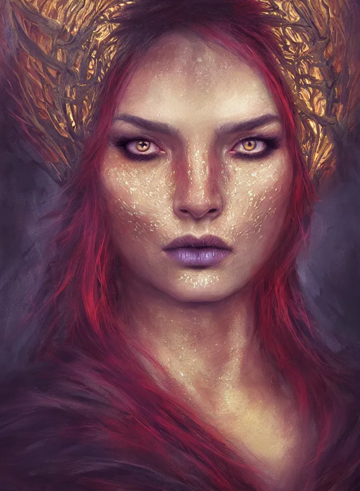 Prompt: a face portrait of a beautiful girl as a fire sorceress from skyrim, fantasy setting, beautiful face, serene colors, soft lighting, atmospheric, cinematic, moody, in the style of diego koi, gina heyer, luiz escanuela, art by alyssa monk, hyperrealism, rule of thirds, golden ratio, oil on canvas, 8 k