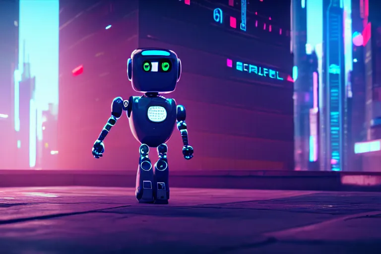 Image similar to a cute little robot in at cyberpunk city. super realistic 8 k render of a elegant, cinematic composition