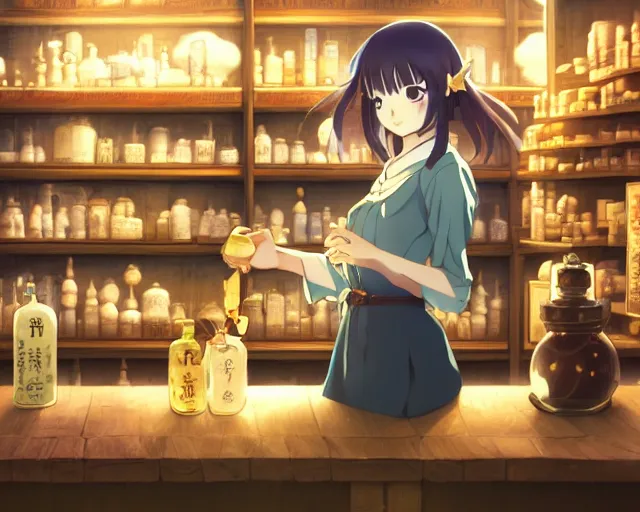 Image similar to anime visual, portrait of a young female traveler in a alchemist's potion shop interior, cute face by yoh yoshinari, katsura masakazu, cinematic luts, cold studio lighting, dynamic pose, dynamic perspective, strong silhouette, anime cels, ilya kuvshinov, cel shaded, crisp and sharp, rounded eyes