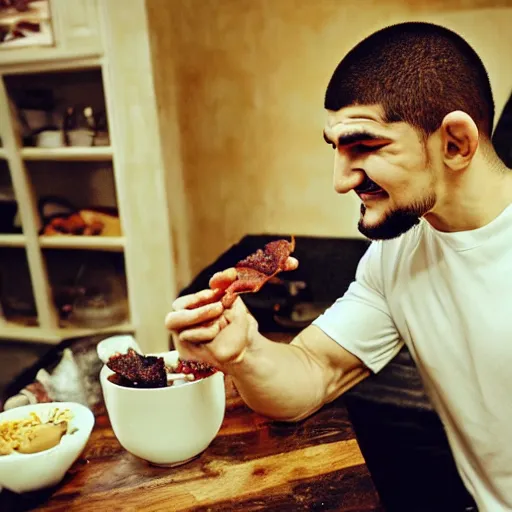 Prompt: khabib eating bacon while smiling