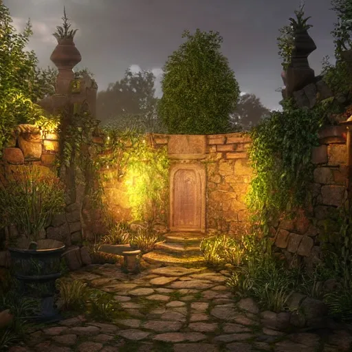 Image similar to medieval mystery garden very detailed unreal engine volumetric light hyper realistic art station