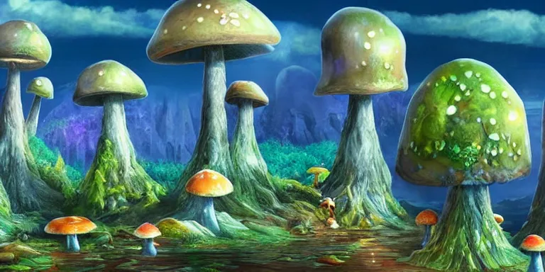 Image similar to a crystal and mushroom ridden world, extinct species, epic land formations, detailed, wide shot,