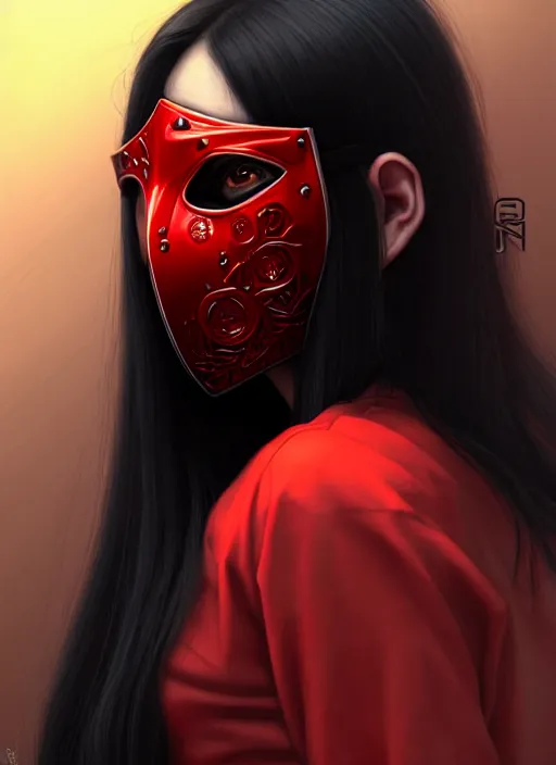 Image similar to portrait of long black hair girl within a red steel mask and streetwear. cynical face, concept art, cyberpunk illustration, intricate, highly detailed 8 k, smooth, matte, sharp focus, rim light, beautiful and aesthetic shape of face and body, artgerm, artstation, art by gharliera and rinotuna and junpei