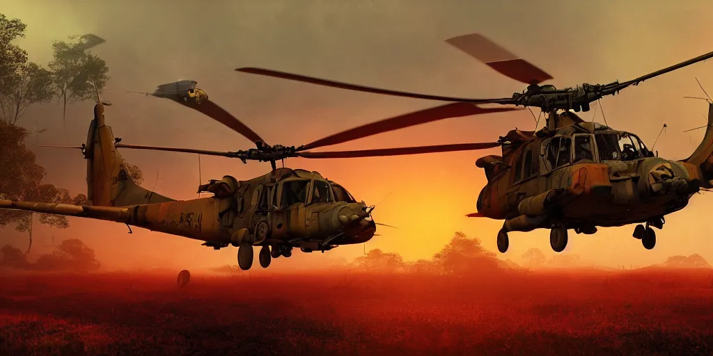 Image similar to Painting of vietnam Huey Helicopters, above a forest, orange sun set, abstract, realism, 8k, detailed, octane render, glow, war