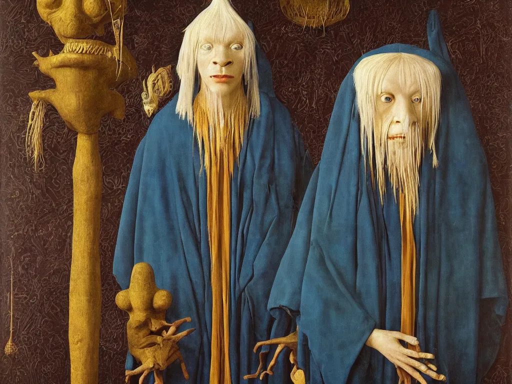 Prompt: portrait of albino mystic with blue eyes, with beautiful exotic, archaic, prehistoric, Burmese mask. Painting by Jan van Eyck, Audubon, Rene Magritte, Agnes Pelton, Max Ernst, Walton Ford