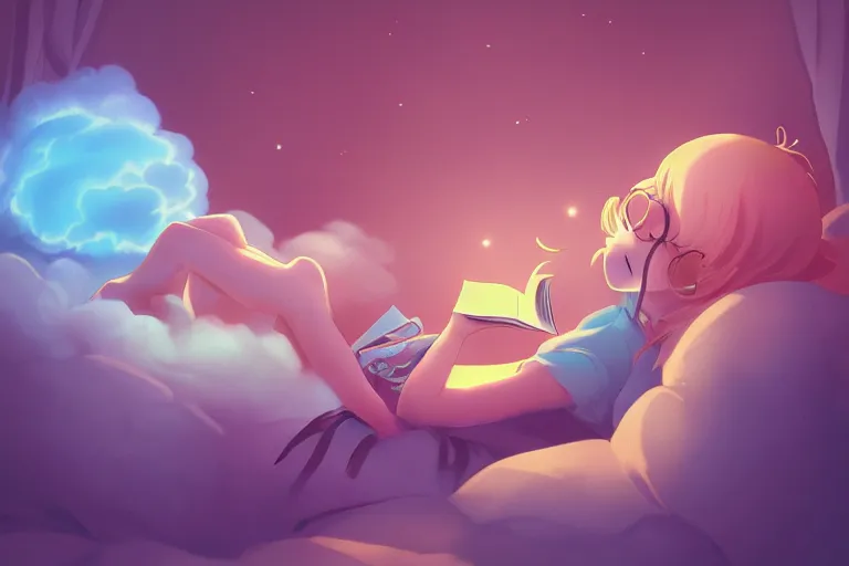 Image similar to a cute anime girl reading a book on a cloud relaxing, misty, glows, digital art, hazy, foggy, ambient lighting, 8 k, neon, synthwave,