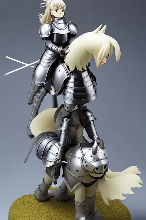 Image similar to female knight riding a heavy armored giant cat, finely detailed features, by studio ghibli