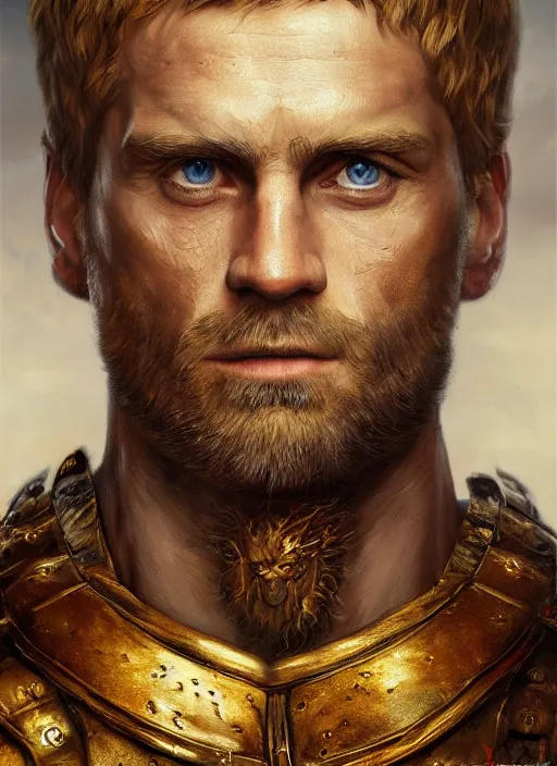 Prompt: highly detailed oil painting, masterpiece portrait warrior male lannister, fantasy character portrait, dynamic pose, above view, top lighting, realistic shaded, perfect face, 8 k realistic, hyper detailed, digital painting, artstation, concept art, hyper detailed eyes