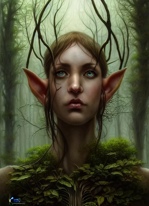 Image similar to portrait shot of forest elf in a scenic dystopian environment, intricate, elegant, highly detailed, centered, digital painting, artstation, concept art, smooth, sharp focus, illustration, artgerm, tomasz alen kopera, peter mohrbacher, donato giancola, joseph christian leyendecker, wlop, boris vallejo