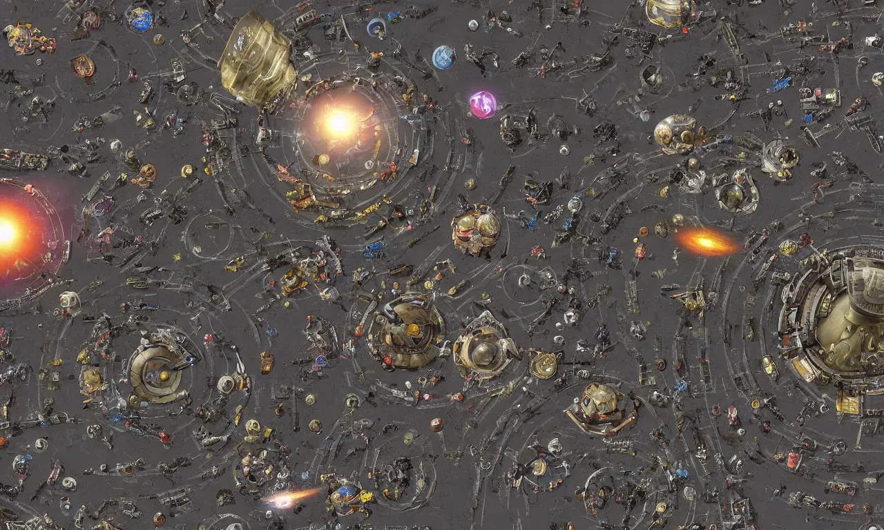 Prompt: a space junkyard forming a tilted disk with single vortex in the center, a graveyard of space stations and giant space structures in black starless space, dark sci - fi game map with solid background