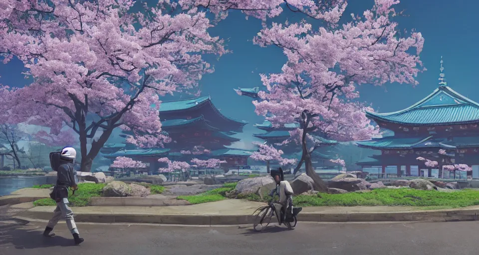 Image similar to Futuristic Japanese landscape with lots of BLUE Sakura blossoms and a temple, center composition, cinematic, rendered by simon stålenhag, rendered by Beeple, Makoto Shinkai, syd meade, environment concept, digital art, starwars, unreal engine, 3 point perspective, WLOP, trending on artstation, low level, 4K UHD image, octane render,