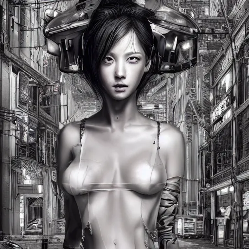 Image similar to the portrait of an absurdly beautiful, graceful, sophisticated, fashionable cyberpunk gravure idol, an ultrafine hyperdetailed illustration by kim jung gi, irakli nadar, intricate linework, neon colors, porcelain skin, unreal engine 5 highly rendered, global illumination, radiant light, detailed and intricate environment