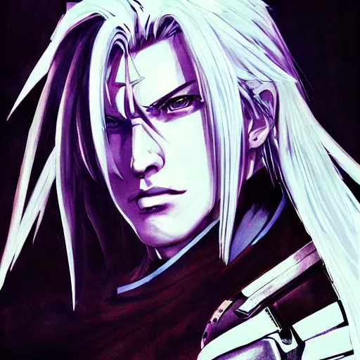 Image similar to a beautiful painting of sephiroth by yoji shinkawa, metal gear solid, strong lines and bold colors, limited color palette, atmosphere and tension, japanese, trending on artstation