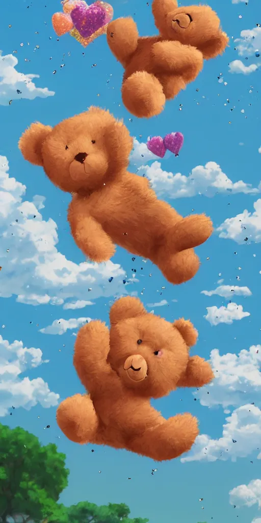 Image similar to teddy bears falling from the sky, anime scenery, digital art, 4k ultra