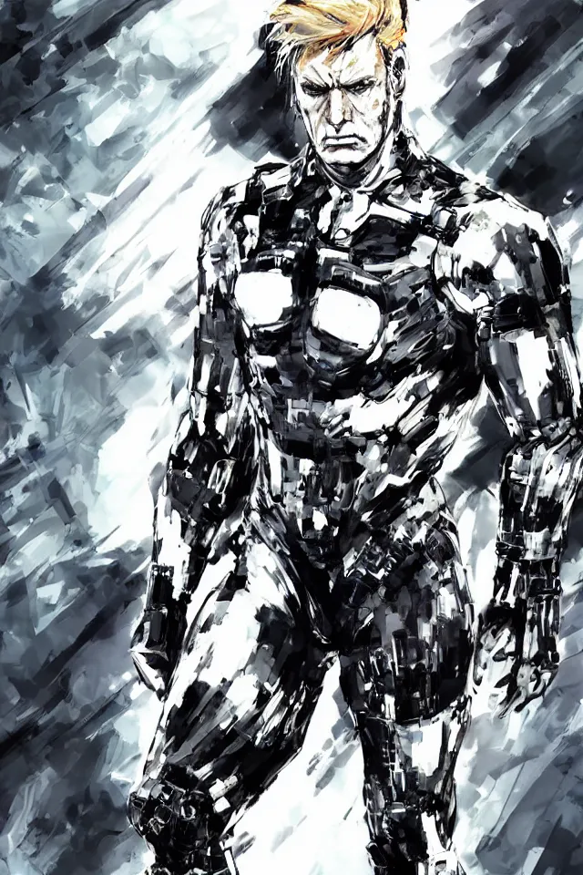 Image similar to a full - body portrait of cyborg donald trump, in yoji shinkawa's art style, metal gear solid art style, highly detailed, 4 k, artistic, white background, b & w