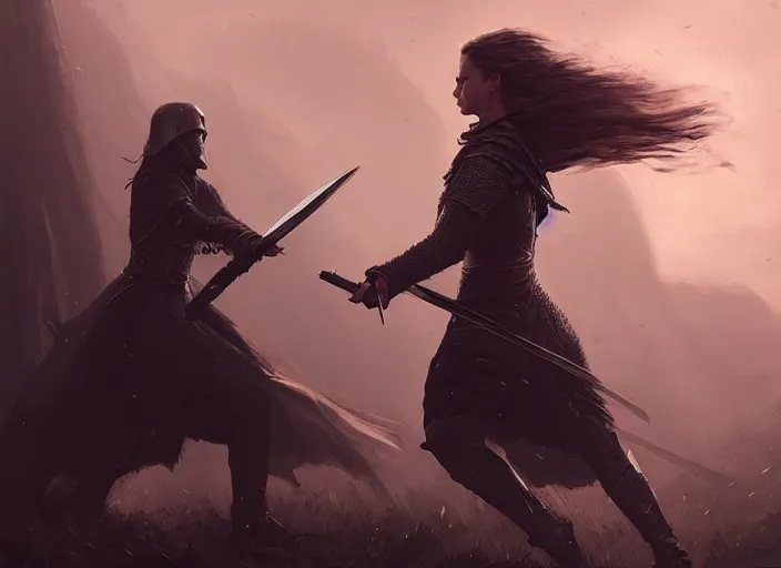 Image similar to Alicia Vikander as a knight fighting a Nazgul, fantasy battle in the style of Greg Rutkowski