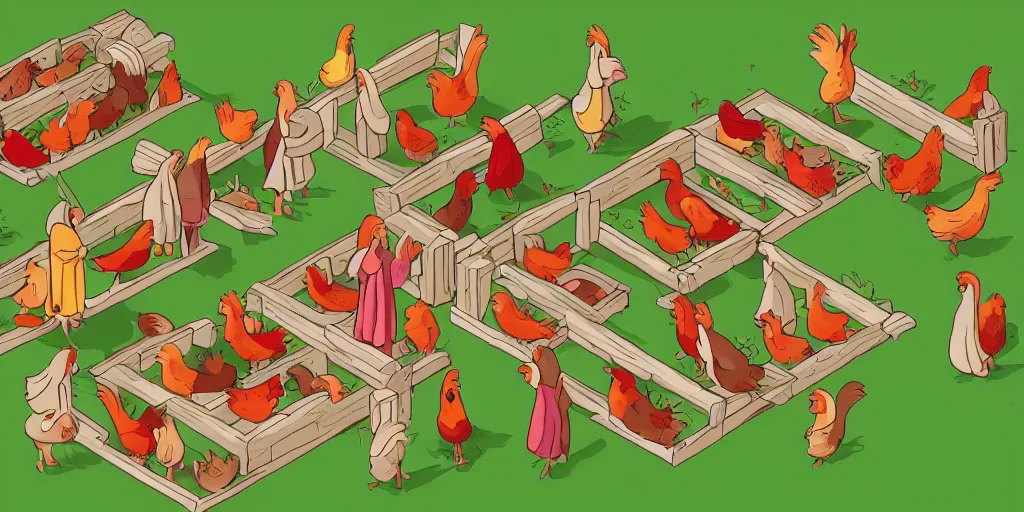 Image similar to Jesus is feeding the chickens, isometric illustration