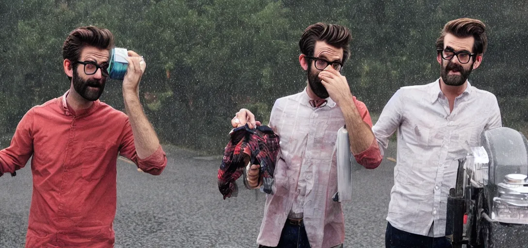 Prompt: rhett and link crying in the middle of the road while its raining