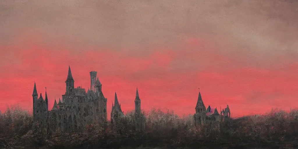 Image similar to a beautiful and gothic castle in the distance. Red sky. Dark ambient. Gothicpunk. Detailed oil on canvas. Art in style of Frances Ann Hopkins. High definition