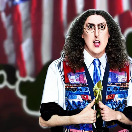 Image similar to weird al as the president of the united states, photograph