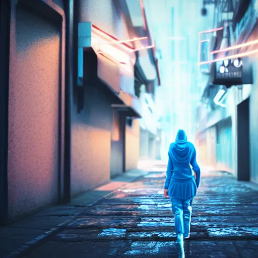 Image similar to woman in blue hoodie walking through a cyberpunk street, digital art, octane, unreal engine