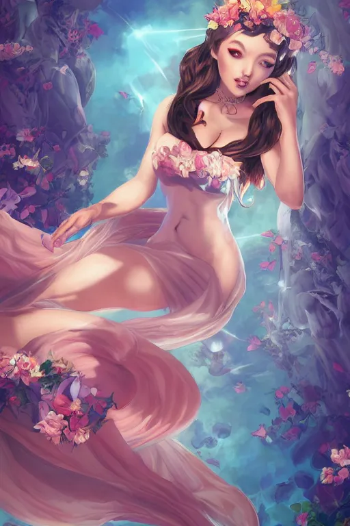 Image similar to Succubus in sundress portrait, by artgerm, WLOP and Ross Tran, blossoming geometric explosion from below