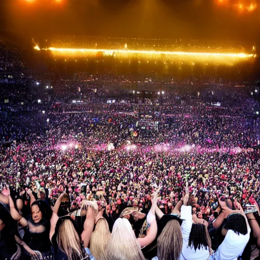 Image similar to Lady gaga and Beyonce perfom together at a concert, EOS 5D, ISO100, f/8, 1/125, 84mm, RAW Dual Pixel, Dolby Vision, HDR, AP, Featured