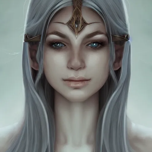 Image similar to portrait of a female half - elf with white skin, white hair, white eyes without pupils, short wavy hair, gray spots on cheeks, trending on artstation, ethereal, gentle smile