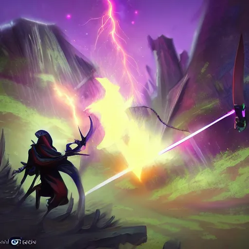 Image similar to a duel between 2 ninjas standing in the ruins of crux prime, purple fiery maelstrom in the distance, digital art, artstationhq