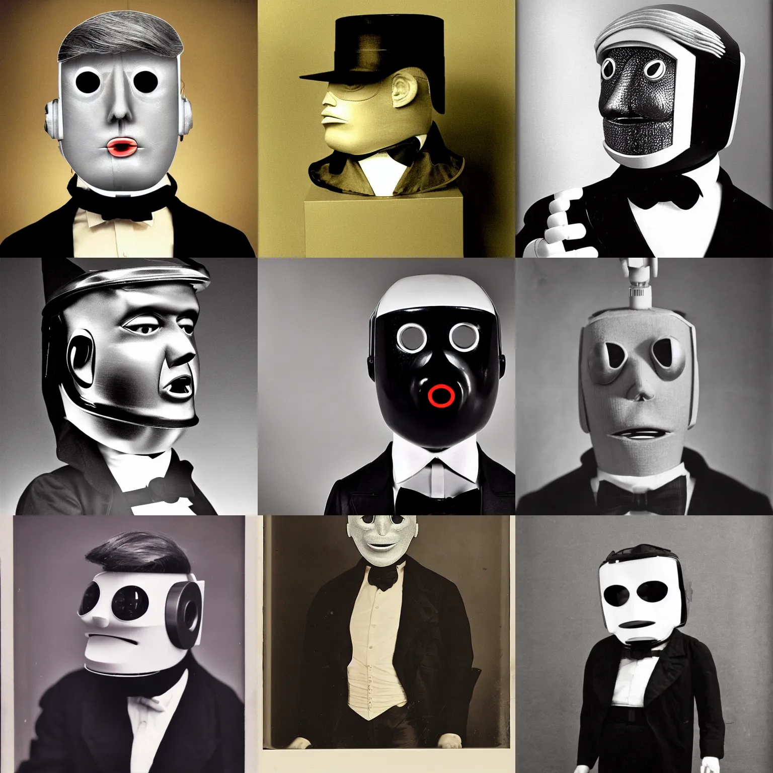 Prompt: Donald Trump portraits of a anthropomorphic-robot cyber-face techno mask in black tie suit retro photo by Louis Daguerre
