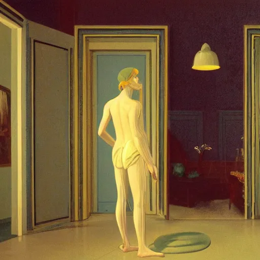 Image similar to a nightmare in a liminal room, film still by wes anderson, depicted by canova, limited color palette, very intricate, art nouveau, highly detailed, lights by hopper, soft pastel colors, minimalist