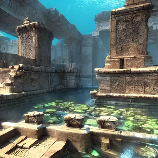 Image similar to the lost city of atlantis, ray traced, unreal engine, underwater, ruins, beautiful