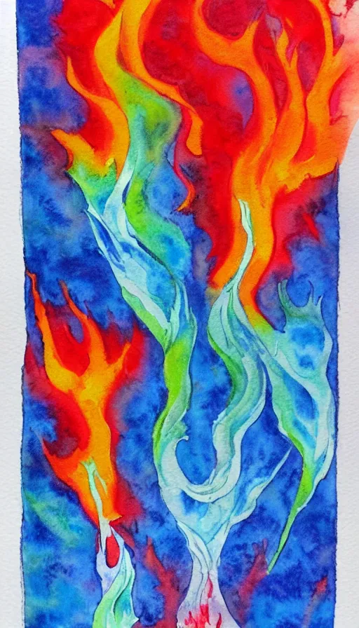 Prompt: water color painting of fire and water mixing together, conveying a sense of balance inspired by the Temperance tarot card