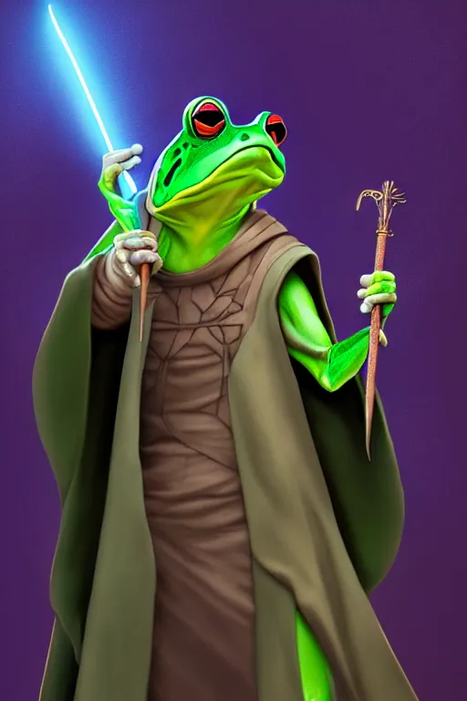 Image similar to frog mage in a cloak with a magic wand, in hogwarts, high details, volume light, best composition, 4 k