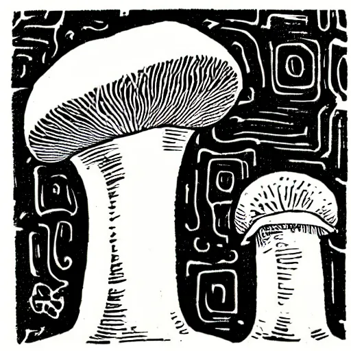 Prompt: a linocut engraving of an intelligent mushroom