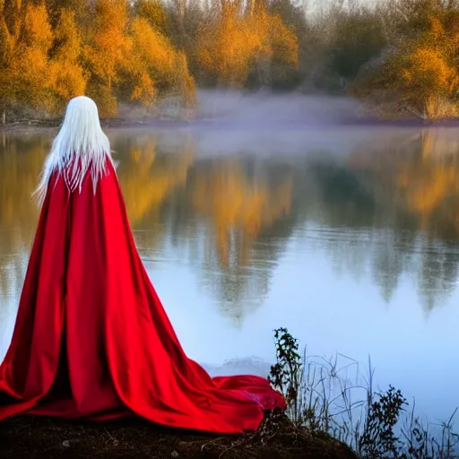 Image similar to beautiful lady with white long hair and dressed with a red victorian cloak, seen from behind, standing in a lake, mist, morning light, photorealistic