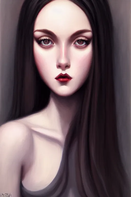 Image similar to a portrait of a beautiful dark hair waif girl gothic, bored, illustration, soft lighting, soft details, painting oil on canvas by margaret keane and artgerm, trending on artstation, 4k, 8k, HD