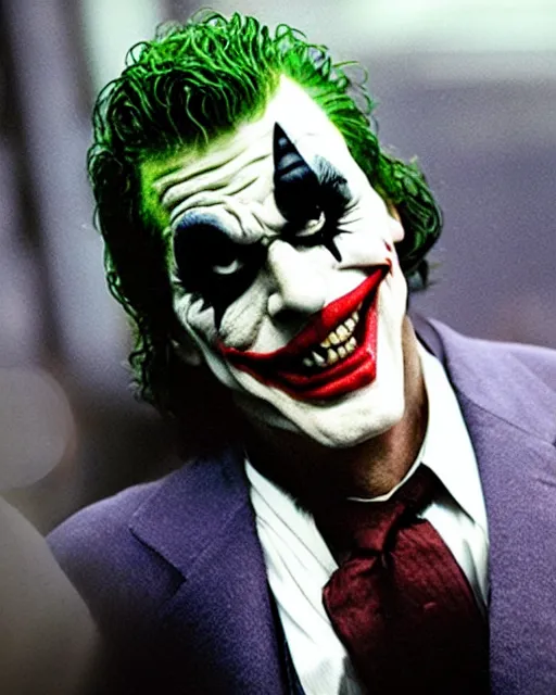 Prompt: Film still close-up shot of Vince McMahon as The Joker from the movie The Dark Knight