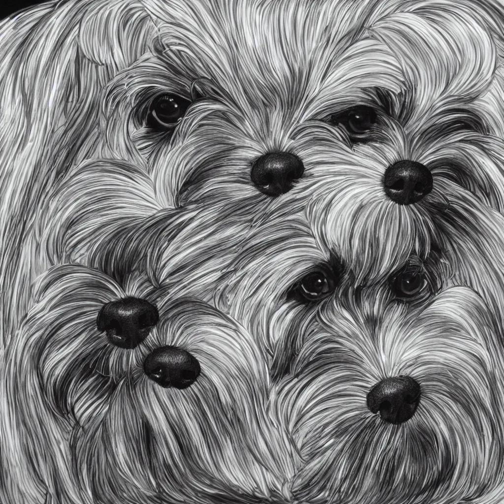 Image similar to full length portrait of a havanese dog reflected in a chrome sphere, ultra wide 1 0 mm, by m c escher pen and paper