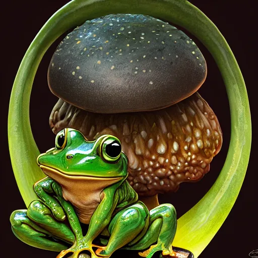 Prompt: a frog sitting on mushroom, intricate, highly detailed, digital painting, artstation, concept art, smooth, sharp focus, illustration, unreal engine 5, 8 k, art by artgerm and greg rutkowski and alphonse mucha