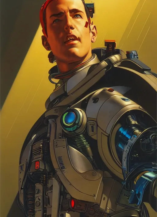Image similar to powerful cyberpunk pilot. portrait by jean giraud and anton otto fischer and john philip falter and will eisner and gil elvgren and pixar. full body. realistic proportions. science fiction d & d. overwatch, rb 6 s, cyberpunk 2 0 7 7, blade runner 2 0 4 9 concept art. cel shading. thick lines.