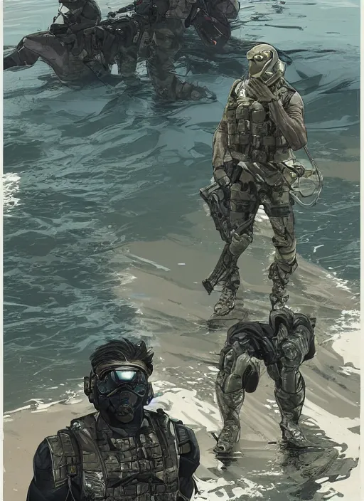 Image similar to solid snake. USN blackops operator emerging from water at the shoreline. Operator wearing Futuristic cyberpunk tactical wetsuit and looking at an abandoned shipyard. Frogtrooper. rb6s, MGS, and splinter cell Concept art by James Gurney, Alphonso Mucha. Vivid color scheme.