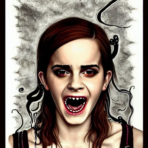 Prompt: emma watson screams in hunger and shows her long teeth, horror version. an unnatural abomination with long teeth, many tentacles, and gray skin. grunge, horror, dmt, dark and muted colors, detailed airbrush art, by yves klein